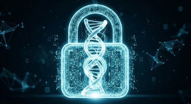 Glowing DNA Helix Secured by Futuristic Lock in Digital Science Environment