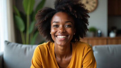 Fototapeta premium Woman sitting on sofa iteration at home ar people race ethnicity and portrait concept happy