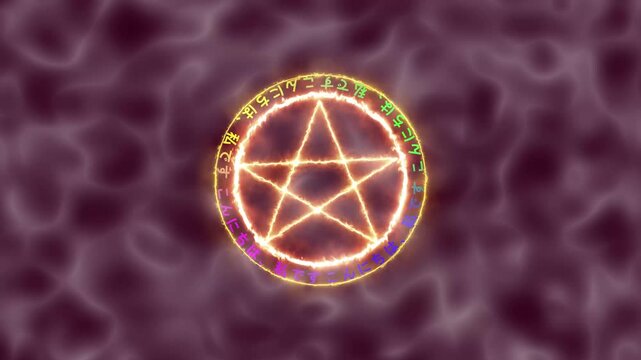 Pentagram animation shines orange spell lines on green. Mystic pentagram animation scrolls multi colored lettering scripts. Esoteric pentagram animation loops ritual graphics.