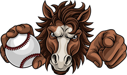 Horse mustang bronco stallion baseball softball angry sports team mascot holding a ball. © Christos Georghiou