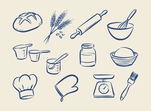 Hand drawn baking tools doodle set vector illustration with bread, rolling pin, whisk and kitchen utensils