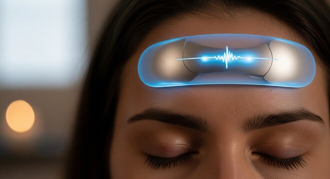 Person Wearing Transcranial Stimulation Headband in Relaxed State with Soft Blue Lighting