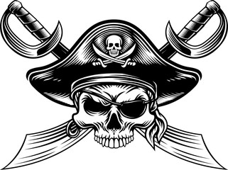 Fototapeta premium Pirate skull crossbones wearing a tricorn captain hat, eyepatch with crossing sabers or scimitar cutlass pirate swords. In a vintage retro woodcut style.