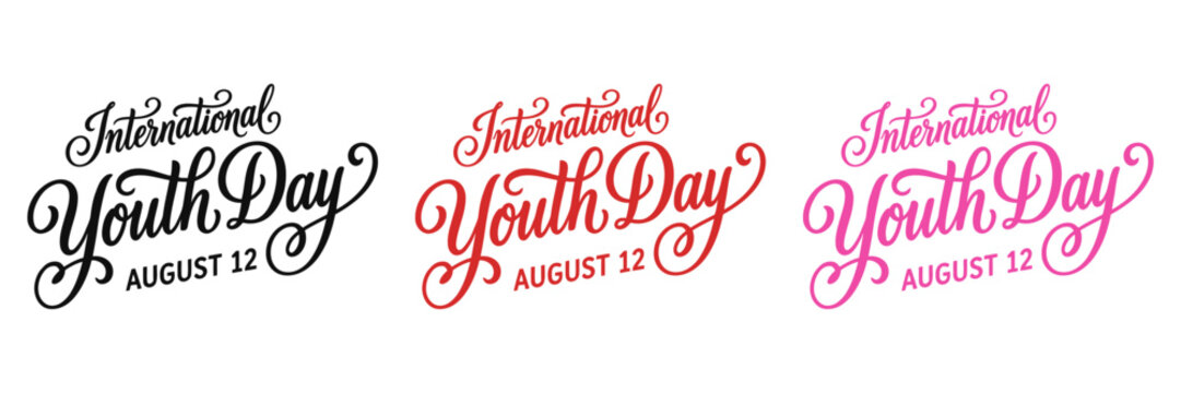 International youth day august 12 elegant cursive script calligraphy typography design with black red and pink handwritten text vector set