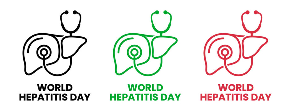 World hepatitis day healthcare awareness campaign typography design with human liver and stethoscope outline icons vector set