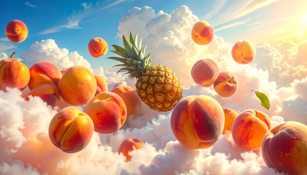 Surreal Floating Peaches and Pineapple in Cloud Filled Blue Sky