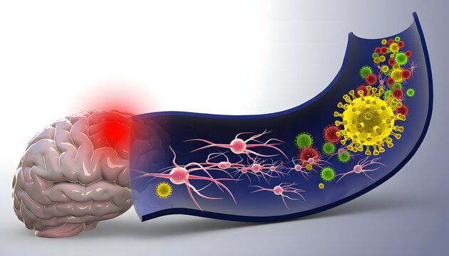 3D Medical Illustration of a Virus Penetrating the Blood-Brain Barrier Causing Neurological Inflammation, Highly marketable for cardiology medical presentation, drug advertisement&heart health article