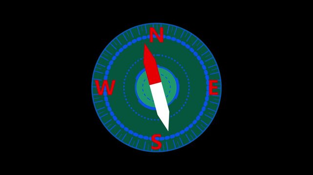 Abstract animation rotates stylized navigation compass dials. Minimal abstract animation points red cardinal needles. Clean abstract animation displays tracking dashboard elements.