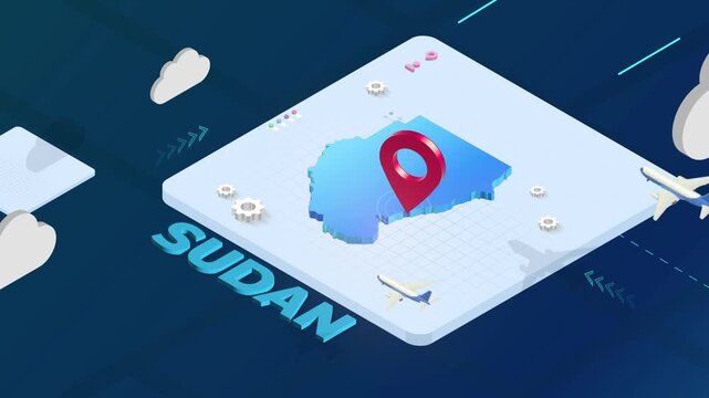 Isometric 3D Render of Sudan Map with Red Location Pin Pointer and Floating Airplanes