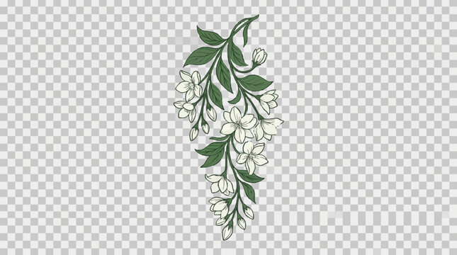 Elegant vertical vector illustration of a hanging jasmine branch with white blossoms, buds, and green leaves, isolated on a transparent background.