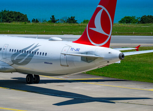 Tail fin and rear fuselage detail of Turkish Airlines Airbus A321 passenger jet