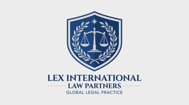 A lawyer stands proudly in front of a shield logo with scales of justice at Lex International Law Partners office.