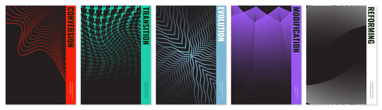 Abstract vector poster set with linear gradients and geometric distortion patterns, Minimalist halftone artwork visual transformation and dynamic motion ornament with transition effect