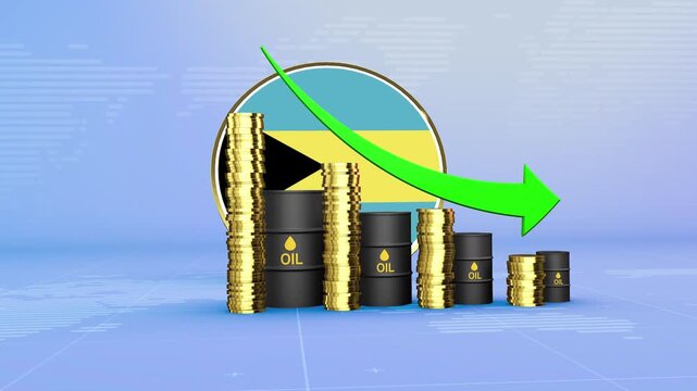 Bahamas Oil Prices Decline with Oil Barrels, Gold Coins and Downward Green Arrow, 3D Economic and Financial Market Concept