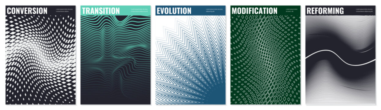 Modern abstract poster collection, vector minimalist colorful contemporary art with geometric shapes, brutalist style inspired graphics, bold aesthetic, shape distortion effect set