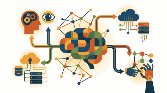 Abstract representation of artificial intelligence processing data through a network