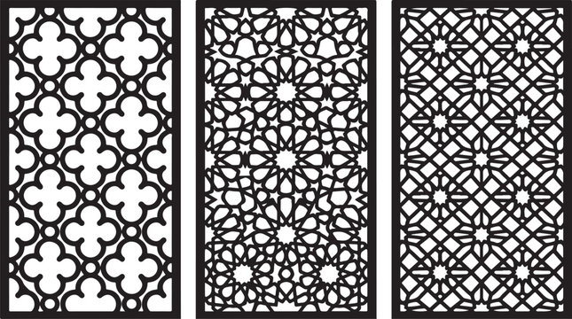 Intricate Islamic geometric patterns, black and white designs, ornate tile motifs, vector border elements