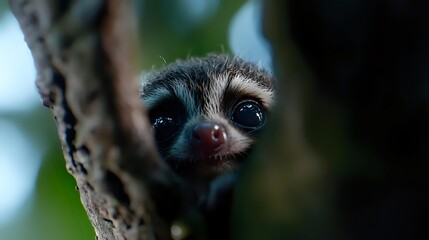 Naklejka premium Curious meerkat peeking around tree branch with alert expression, wildlife animal portrait for nature documentaries, educational content, and zoological publications.