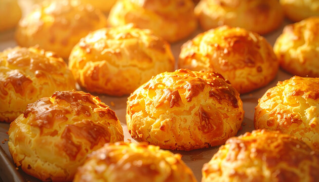 Freshly Baked Golden Cheese Buns in Warm Sunlight