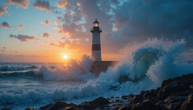 Lighthouse standing tall against crashing waves at sunset on rocky shore