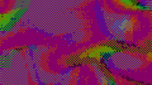Green and magenta 8-bit pixel sorting with digital distortion and CRT scanlines flickering in a seamless loop. Animated retro glitch texture for Cyber Monday sale banner and rave poster.