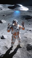 Fototapeta premium Terrified astronaut looking up at hovering flying saucer on lunar surface. Sci-fi concept of first contact with extraterrestrial life on the moon.