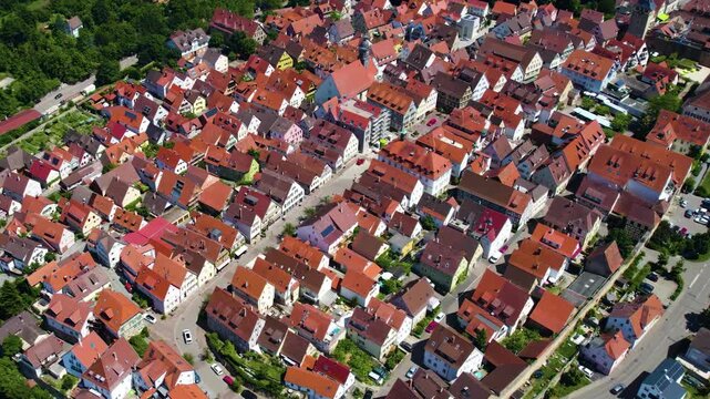 Panoramic aerial view beside the old town of the city Marbach am Neckar in Germany on a sunny noon in spring.