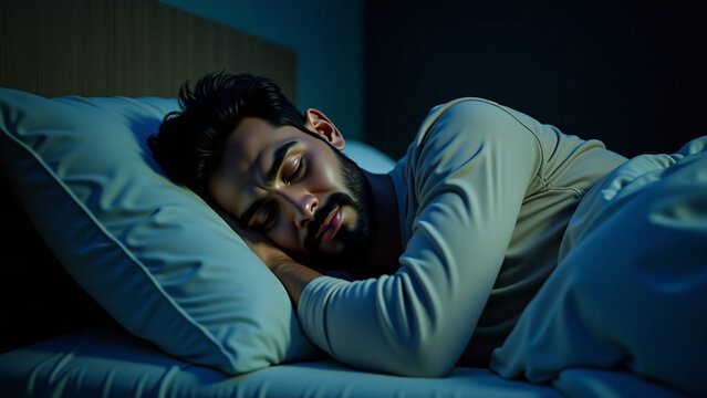 People bedtime and rest iteration concept indian man sleeping in bed at home at night