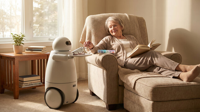 Living Room Reading Routine With Senior And Assistive Home Robot