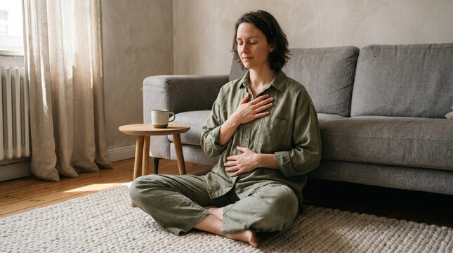 Home Nervous System Reset With Grounding Breath On Living Room Floor