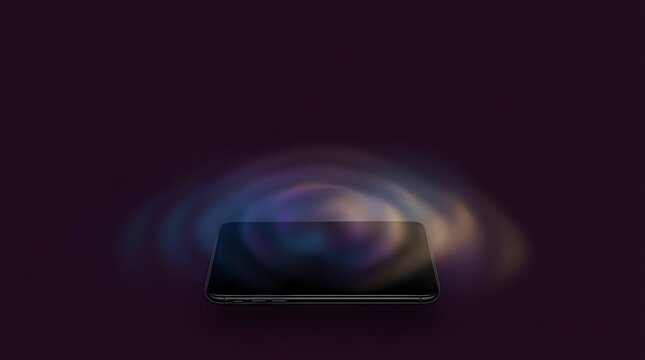 Smartphone with glowing holographic swirl effect on dark background, representing digital technology, innovation, and futuristic communication for tech marketing and design projects.