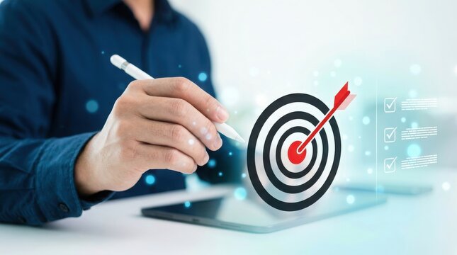 Businessman using a digital pen to interact with a virtual target icon representing business goals, strategy, and success planning