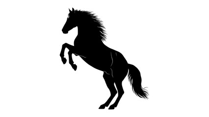 Silhouette of a Majestic Horse Rearing Up: A powerful black silhouette of a horse stands on its hind legs, its mane and tail flowing dramatically, conveying a sense of untamed spirit and raw energy. © Hasem