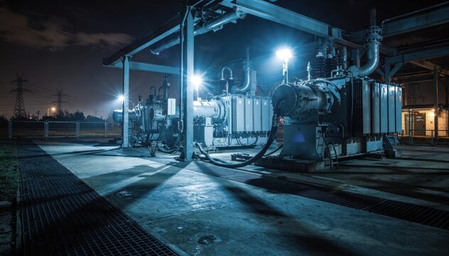 Medium shot of a rectifier station at night with illuminated transformers and turbine machinery casting dynamic shadows in an intense bluetoned environment.