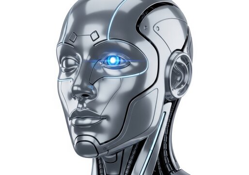 Futuristic robot head with glowing eye detail on white background isolated on white background