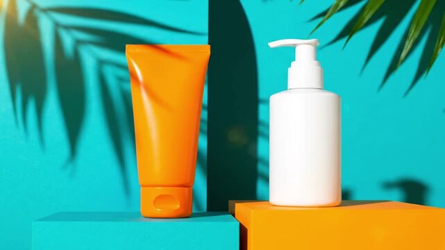 Orange cosmetic tube and white pump bottle mockup on colorful pedestals with tropical palm shadows blue background