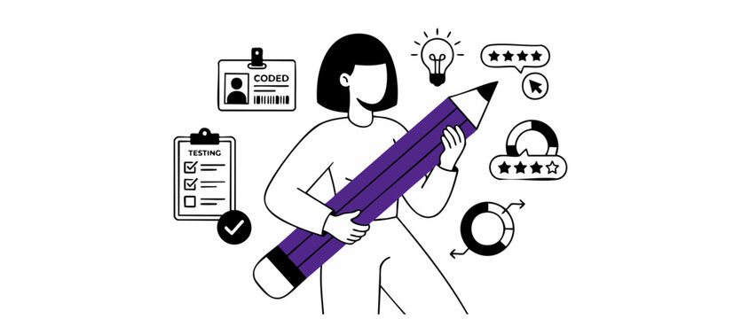 Software testing illustration woman developer holding big pencil coding quality assurance concept with icons for workflow evaluation development, performance analytics, and system security design.