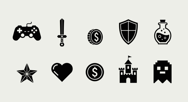 Retro Video Game Icons: Controller, Sword, Coin, Shield, Potion, Star, Heart, Castle, Ghost