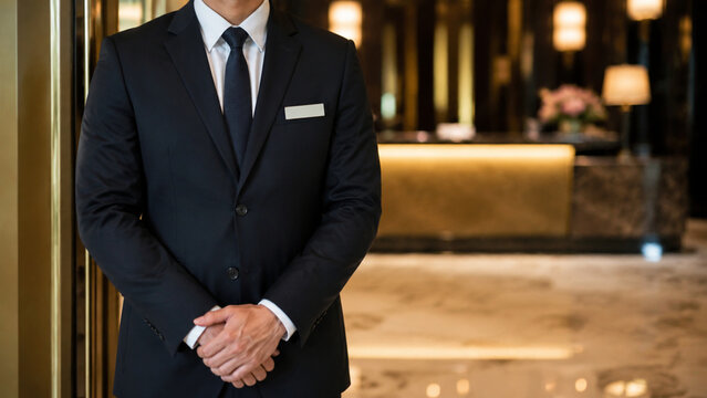 Professional concierge standing in a luxury hotel lobby