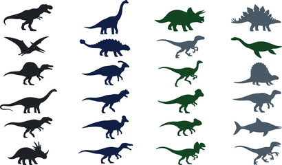 Prehistoric Dinosaur Silhouette Icon Collection Vector Set Featuring Tyrannosaurus Rex Triceratops Stegosaurus Brachiosaurus Pterodactyl and Plesiosaur Species © MdAsad