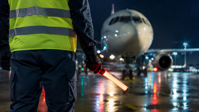 Ground crew member with signal wand at night airport tarmac