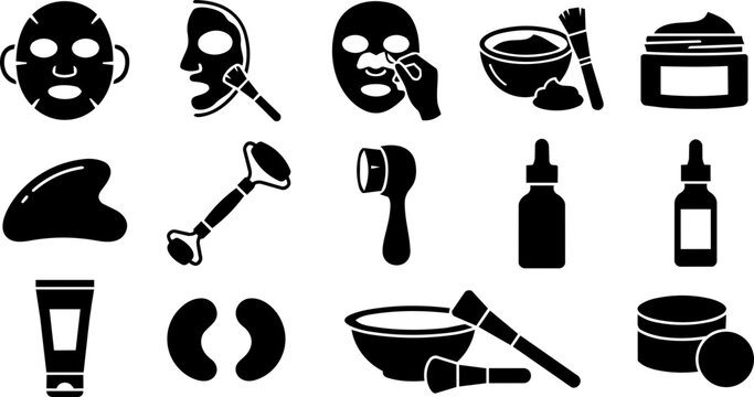 Face Mask and Exfoliation Skincare Silhouette Icon Set