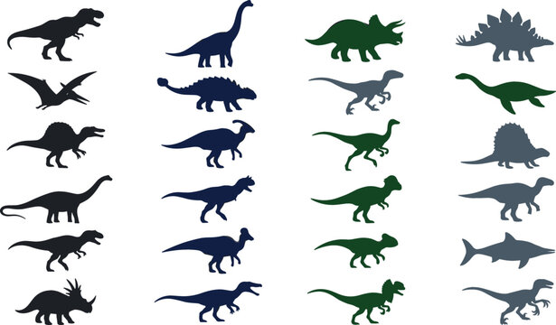 Prehistoric Dinosaur Silhouette Icon Collection Vector Set Featuring Tyrannosaurus Rex Triceratops Stegosaurus Brachiosaurus Pterodactyl and Plesiosaur Species