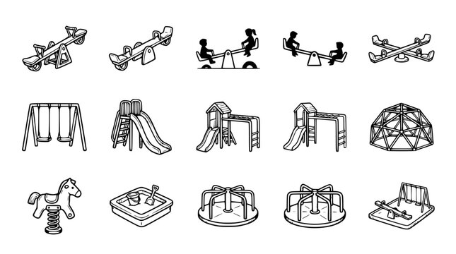 Set of hand-drawn playground equipment icons: swings, slides, seesaws, merry-go-round, sandbox