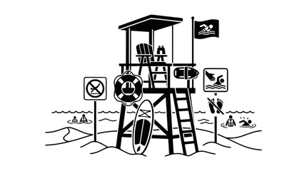 Lifeguard Tower on Beach with Safety Signs and Swimmers © illustration