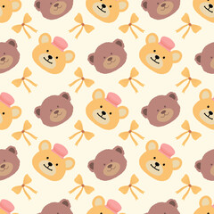 Fototapeta premium Cute teddy bear faces seamless pattern vector background. Sweet pastel baby bear seamless pattern with yellow ribbon bows for nursery fabric and gift wrapping paper