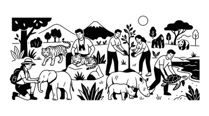 People Protecting Wildlife and Nature: Conservation Efforts with Animals and Plants © illustration
