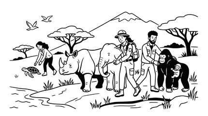 Wildlife conservationists guiding rescued animals in savanna landscape © illustration