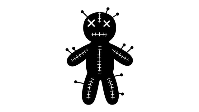 Voodoo Doll Silhouette: A stark black silhouette of a voodoo doll, adorned with pins and stitched features, stands as a symbol of dark magic and ritualistic practice.