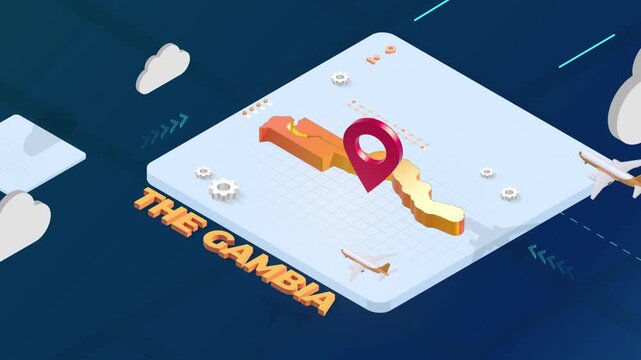 Isometric 3D Render of The Gambia Map with Red Location Pin Pointer and Floating Airplanes